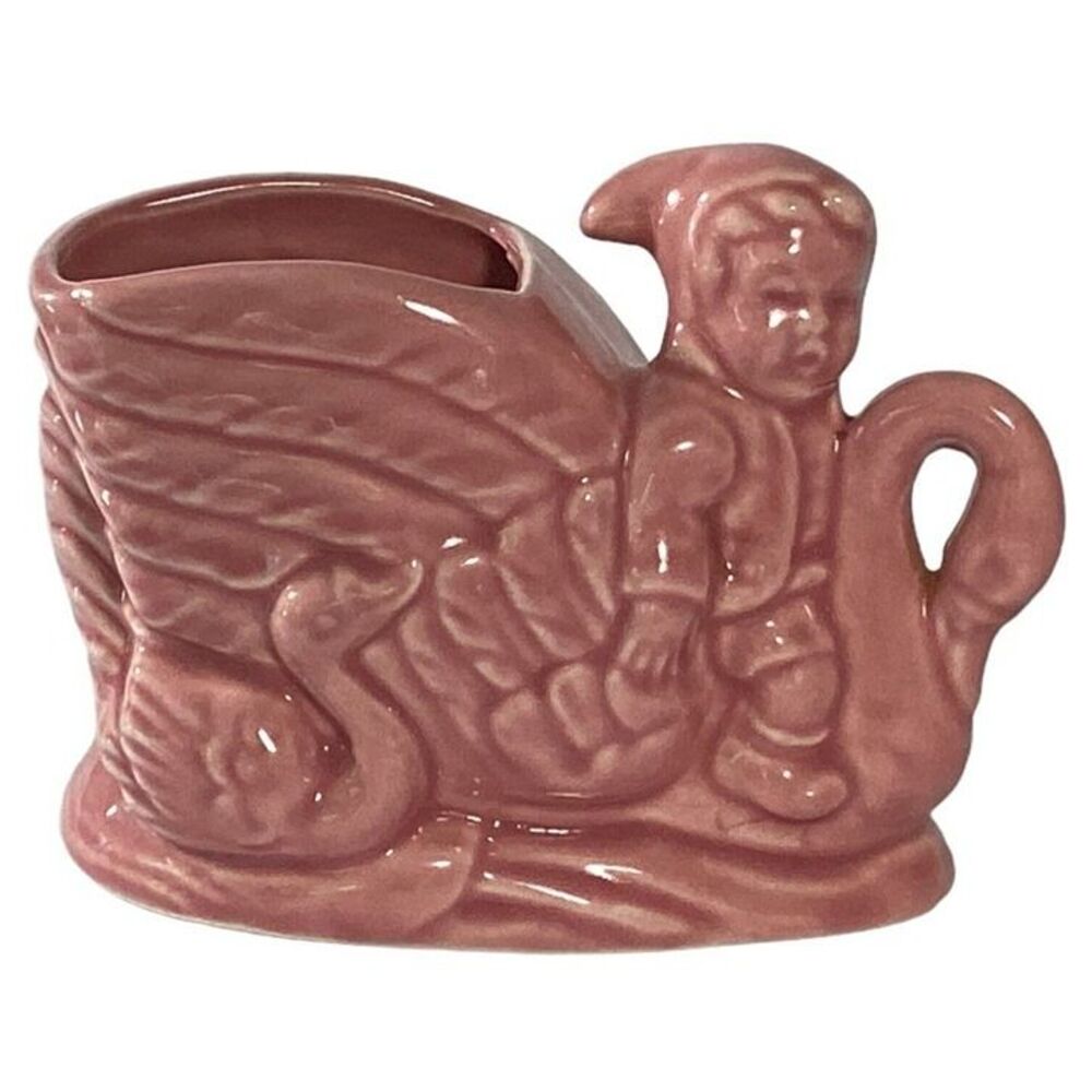 Elf Pixie Riding A Swan with Baby Swan behind Pink Vtg Planter